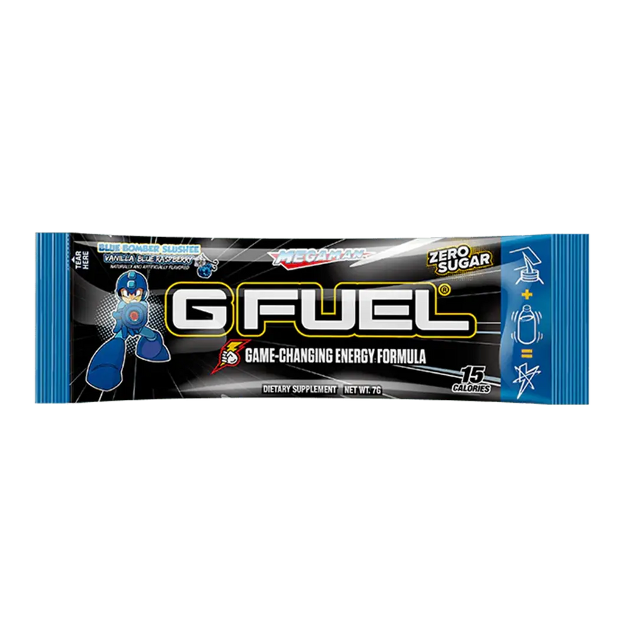 G FUEL Energy, sample pack, Mega man, blue bomber slushee, 1 serving, product front