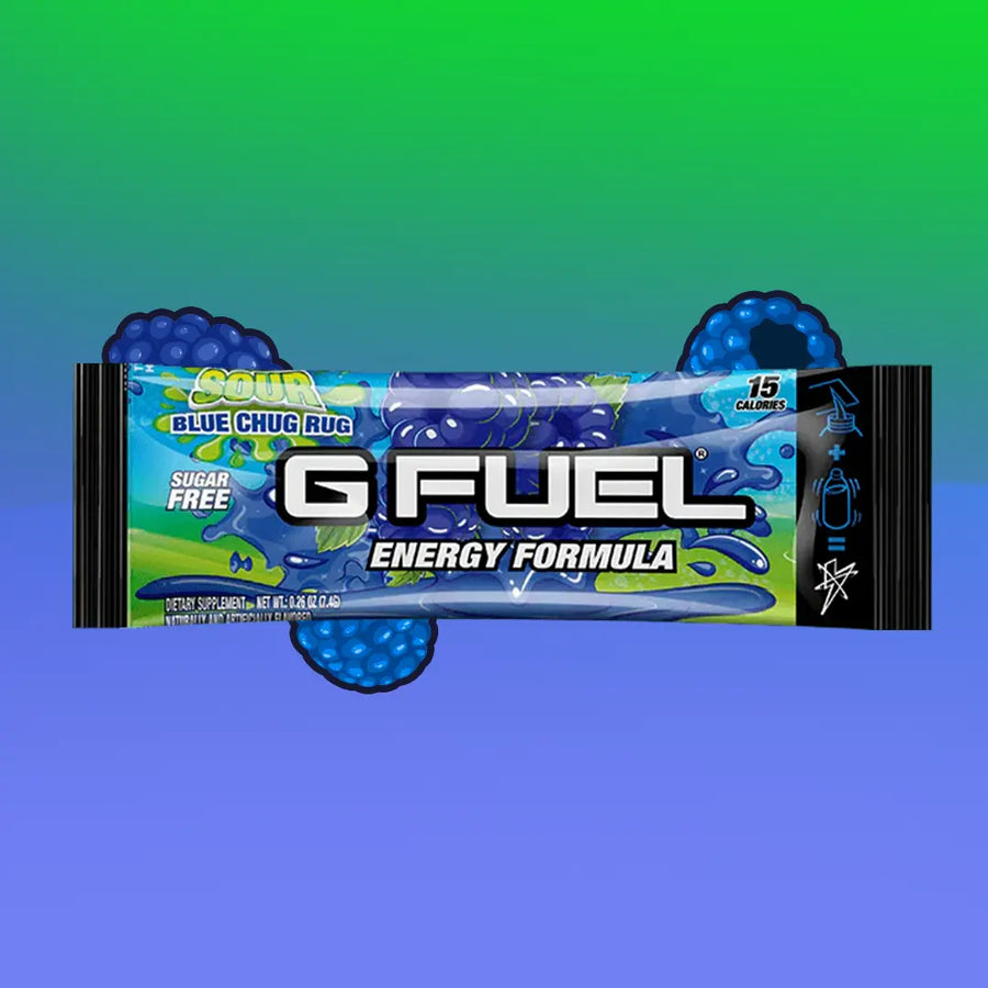 G FUEL Energy, sample pack, Sour blue chug rug, 1 serving, product front with matching background