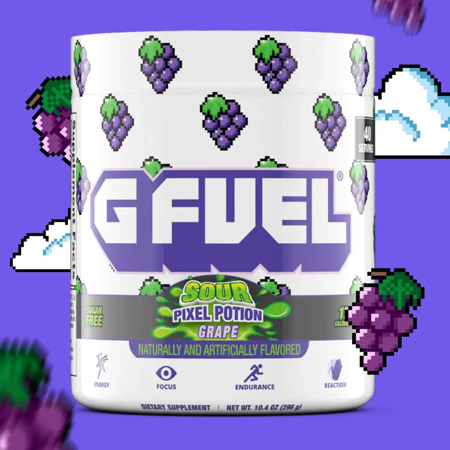 G FUEL Energy, Pixel potion, tub,  product front with matching background and grapes