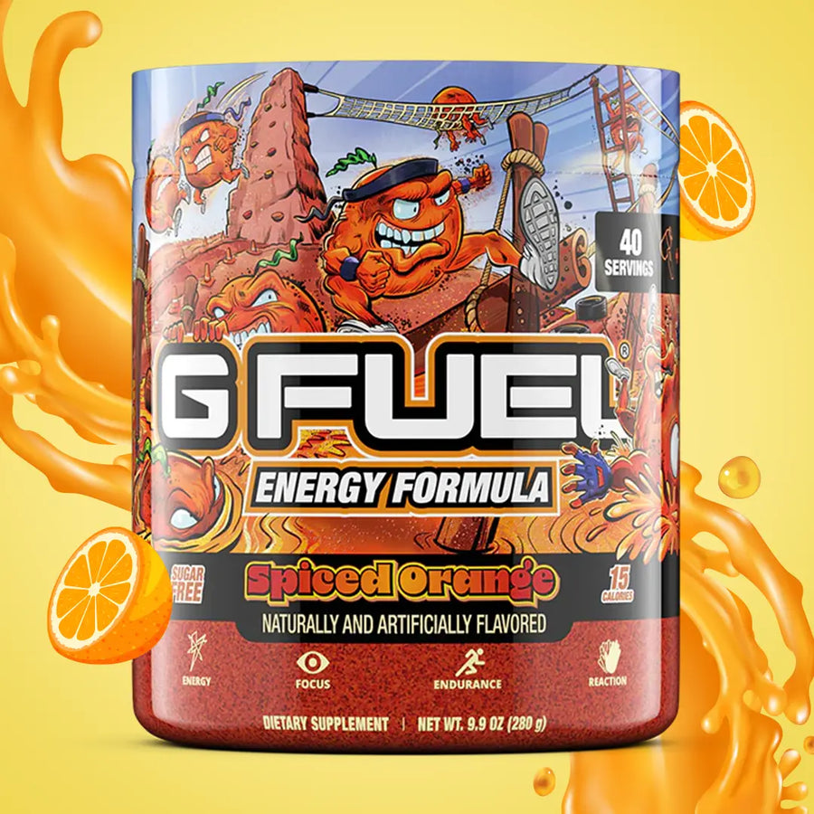 G FUEL Energy, Spiced orange, tub,  product front with matching background