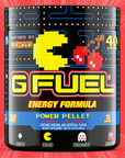 G FUEL energy, Pac man, Power Pellet, tub,  product front with a matching background