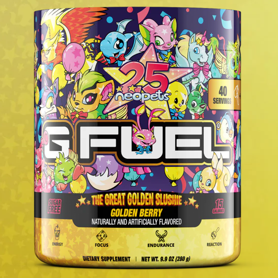 G FUEL Energy, The great golden slushie, Golden berry, tub,  product front with matching background