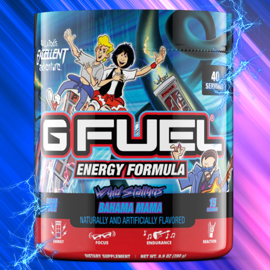 G FUEL Energy, Wyld Stallyns, Bahama mama, tub, product front with matching background