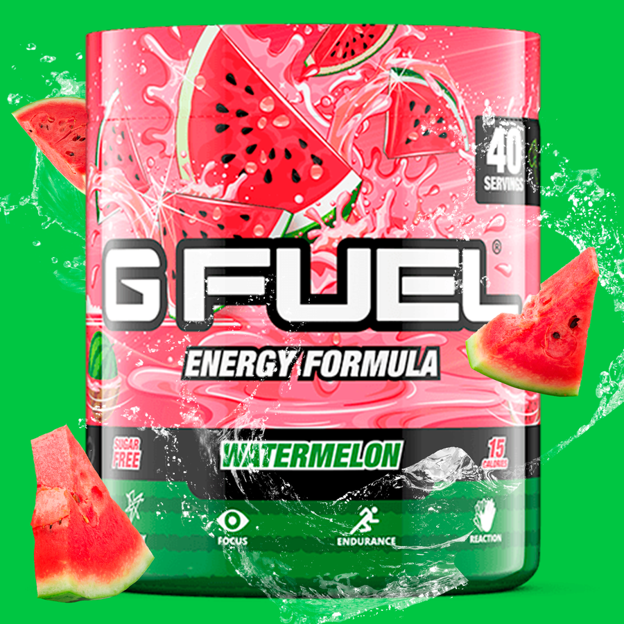 G FUEL Energy, Watermelon, tub,  product front with matching background showing watermelon